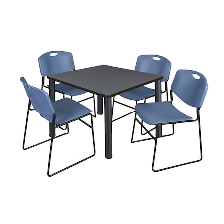 Kee/Zeng Square Gray Table/4 Blue Chairs, Square, 36", 36" W, 29" H, Gray TB3636GYBPBK44BE